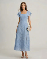 Dusty Blue Square Neck Flutter Sleeve Burnout Floral Back Tie Slit Midi Dress