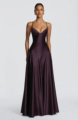 Cream Yellow Satin Spaghetti Strap Bustier Lace-Up Backless A-Line Evening Maxi Dress