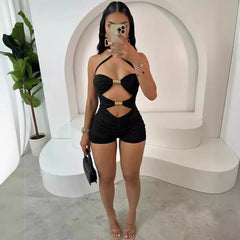 Boho Metal Buckle Halter Cutout Romper