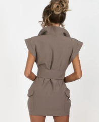 Utility Style Collared Belted Sleeveless Mini Dress