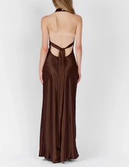 Cross Halter Open Back Tie Back Solid Satin Maxi Slip Dress