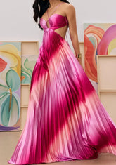 Spaghetti Strap Cutout Gradient Pleated Satin Maxi Evening Dress