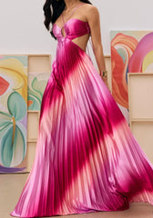 Spaghetti Strap Cutout Gradient Pleated Satin Maxi Evening Dress