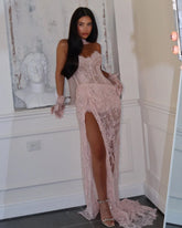Sheer Sequin Lace Off-Shoulder Dress with Illusion Gloves