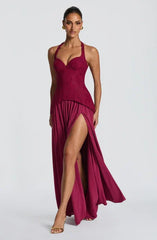 Light Blue / Wine Red Halter Lace Bustier Lace-Up Backless Waist Cinched Flared Evening Maxi Dress