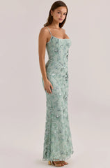 Mint Green Sequin Floral Embroidery Corset Lace-Up Back Mermaid Maxi Evening Dress