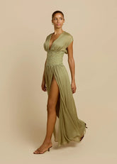Deep V Lace Waistband Slit Maxi Chiffon Evening Dress