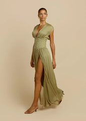 Deep V Lace Waistband Slit Maxi Chiffon Evening Dress