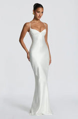 Coral Orange & Caramel Brown Satin Spaghetti Strap Bustier Lace-Up Backless Mermaid Maxi Dress