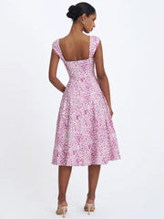 Pink Leopard Print Twist-Front Sweetheart Neck Midi Dress