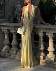 Halter Deep V Twist Satin Maxi Dress