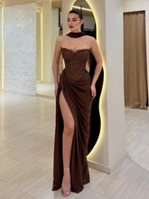 Chocolate Lace Corset Halter Gown | High Slit Trailing Evening Dress