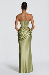 Emina One-Shoulder Satin Maxi Dress in Light Olive