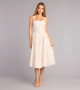 Pink & White Halter Floral Waist-Cinching Tie-Back Midi Dress