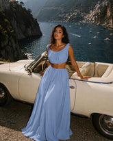 Sky Blue Off-Shoulder Crop Top Flowy Maxi Skirt Two-Piece Set