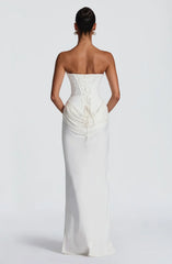 White Beaded Strapless Corset Lace-Up Ruched Maxi Dress | Luxury Elegant Wedding Evening Gown