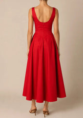 Sleeveless Boat Neck Open Back Solid A-Line Midi Dress