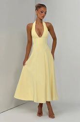 Halter Deep V-Neck Ruched A-Line Midi Dress