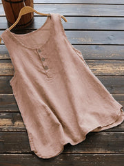 Women's Solid Cotton Linen Round Neck Split T-shirt