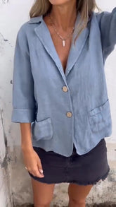 Cotton Linen Blouse with Pocket Button Down Shirt Collar