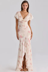 Cream Rose Print V-Neck Tie Front Lace Trim Mermaid Maxi Dress