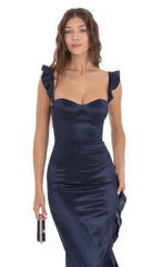 Satin Ruffle Maxi Dress in Navy 2