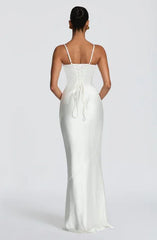 Coral Orange & Caramel Brown Satin Spaghetti Strap Bustier Lace-Up Backless Mermaid Maxi Dress