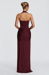 Burgundy/Black/Brown Halter Sweetheart Neck Lace-Up Back Ruched Waist Draped Bodycon Mermaid Evening Gown