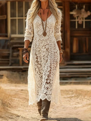 Hollow Lace V-Neck Long-Sleeve Maxi Dress