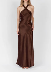 Cross Halter Open Back Tie Back Solid Satin Maxi Slip Dress