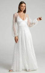 Leauna Bridal Gown - Sheer Long Sleeve Deep V Neck Embellished Tulle Gown in Ivory