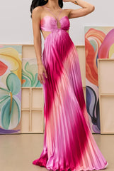 Spaghetti Strap Cutout Gradient Pleated Satin Maxi Evening Dress