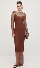 Mesh With Monochrome Lining Maxi Dress In Coffee
