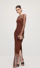 Mesh With Monochrome Lining Maxi Dress In Coffee