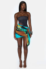 Art Print Strapless Side Draped Bodycon Mini Skirt