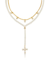 Pearl Cross Drop Lariat Necklace Set