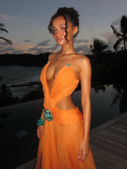 Halter Deep V-Neck Backless Gem-Embellished Chiffon Maxi Dress