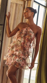 French Romantic Halter Floral Chiffon Multi-Layer Ruffle Mini Dress | Vacation Vibe A-Line Dress