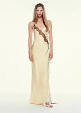 Crisscross Backless Lace Trim Satin Slip Maxi Dress