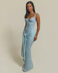 French Luxury Ice Blue Lace Corset Tie Detail Mermaid Maxi Dress