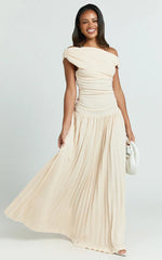 Yvonne Maxi Dress - Pleat Skirt Tip Shoulder Ruched Dress in Off White