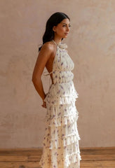 Beige Purple Floral Halter Tie-Back Backless Ruffle Maxi Dress | Vacation Style Elegant Floral Dress