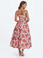 French Rose Print V-Neck Fitted Flared Midi Dress