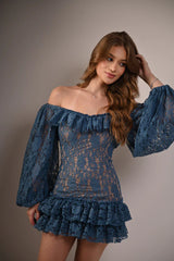 Off-Shoulder Lace Balloon Sleeve Ruffle Mini Dress