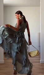 Dusty Green Halter Neck Tie Ruffle Tiered Maxi Dress | Luxury Elegant Drape Evening Gown
