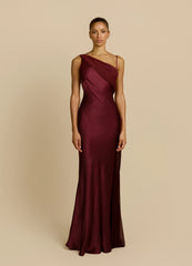 One-Shoulder Draped Sash Open Back Satin Mermaid Maxi Evening Dress