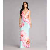 Light Blue Halter Floral Cutout Backless Mermaid Maxi Dress