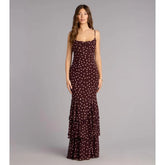 Burgundy Polka Dot Spaghetti Strap Mermaid Maxi Dress | Vintage Draped Ruffle Evening Gown