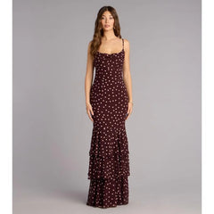 Burgundy Polka Dot Spaghetti Strap Mermaid Maxi Dress | Vintage Draped Ruffle Evening Gown