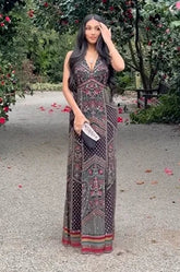 Boho Vintage Print Deep V Backless Cami Maxi Dress | Ethnic Style Vacation Waist-Cinching Slimming Dress
